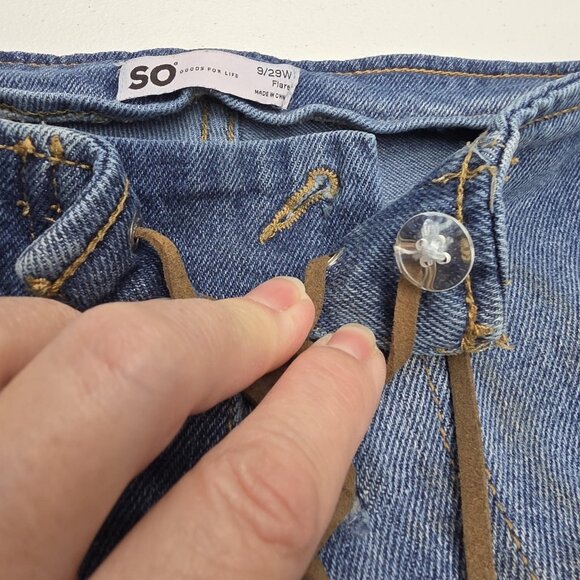 SO Flare Jeans Womens 9 29W Blue Lace Up Front High Waist Frayed Hem Retro Y2K - Picture 7 of 11